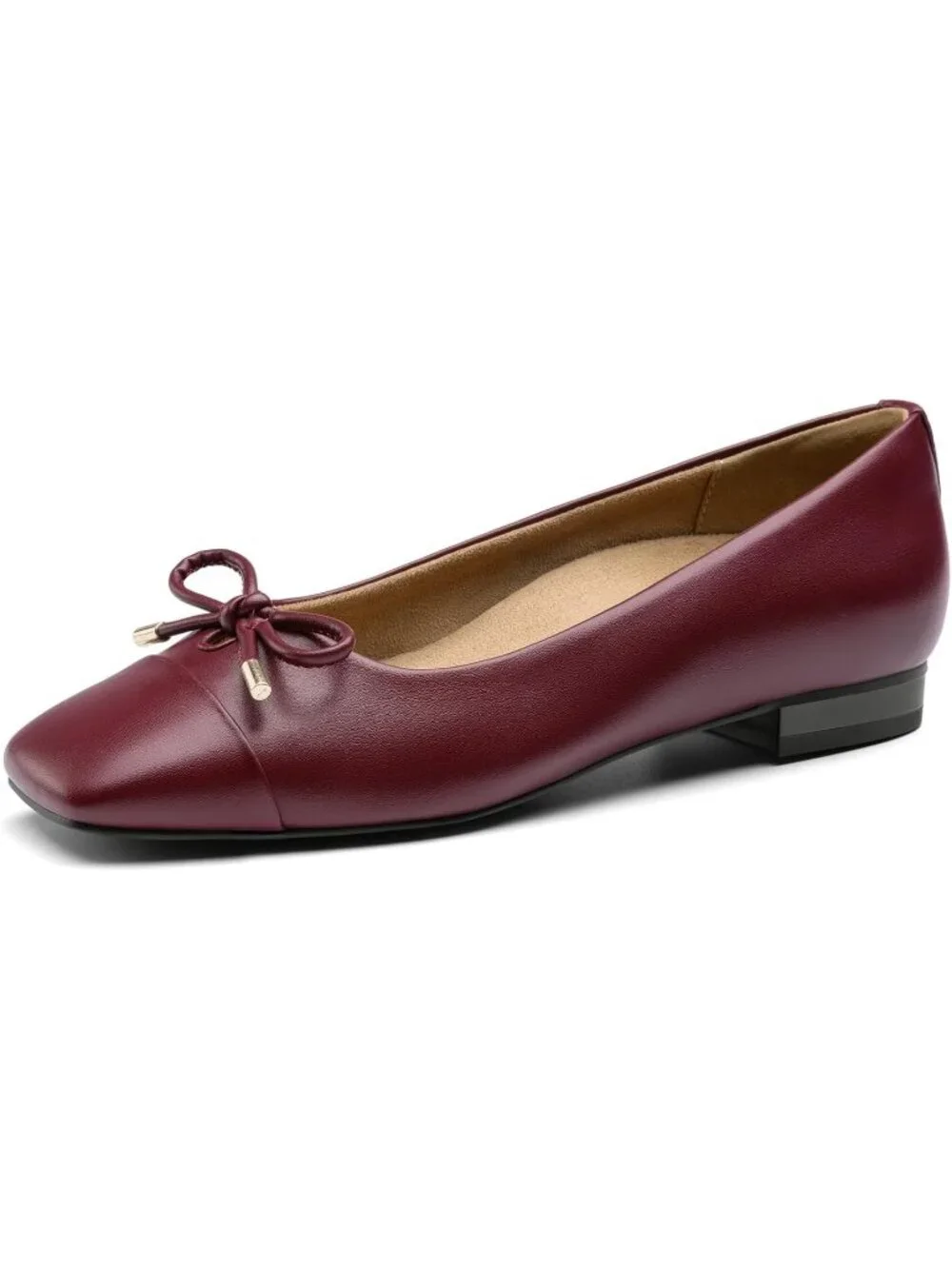 Women's Burgundy Ballet Flats Shoes Square Toe Bowknot Arch Support Comfortable